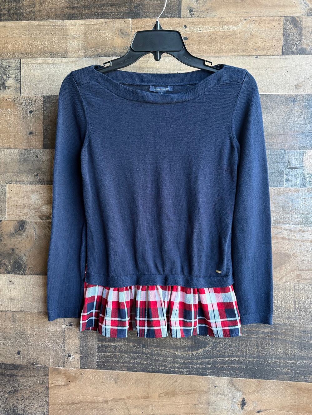 Tommy Hilfiger Navy Boatneck Knit Sweater Red Plaid Peplum Hem Women’s XS